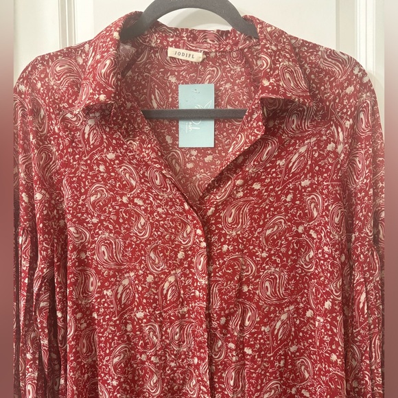 NWT! JODIFIL Paisley Print Buttoned Front Pleated Balloon Sleeve Chiffon Blouse - Picture 2 of 12